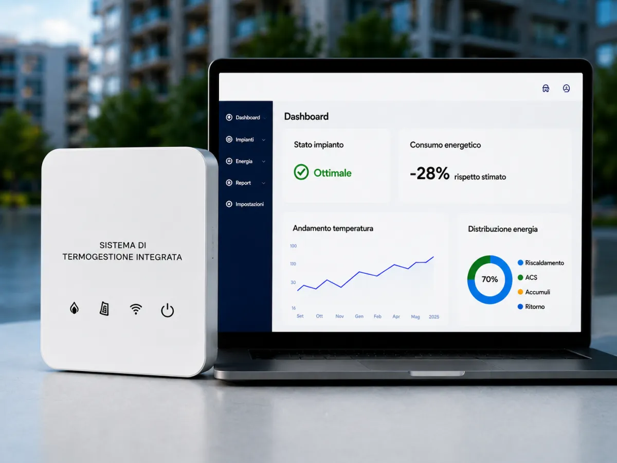 Centralina del sistema di Termogestione Integrata accanto a un laptop con la dashboard di monitoraggio