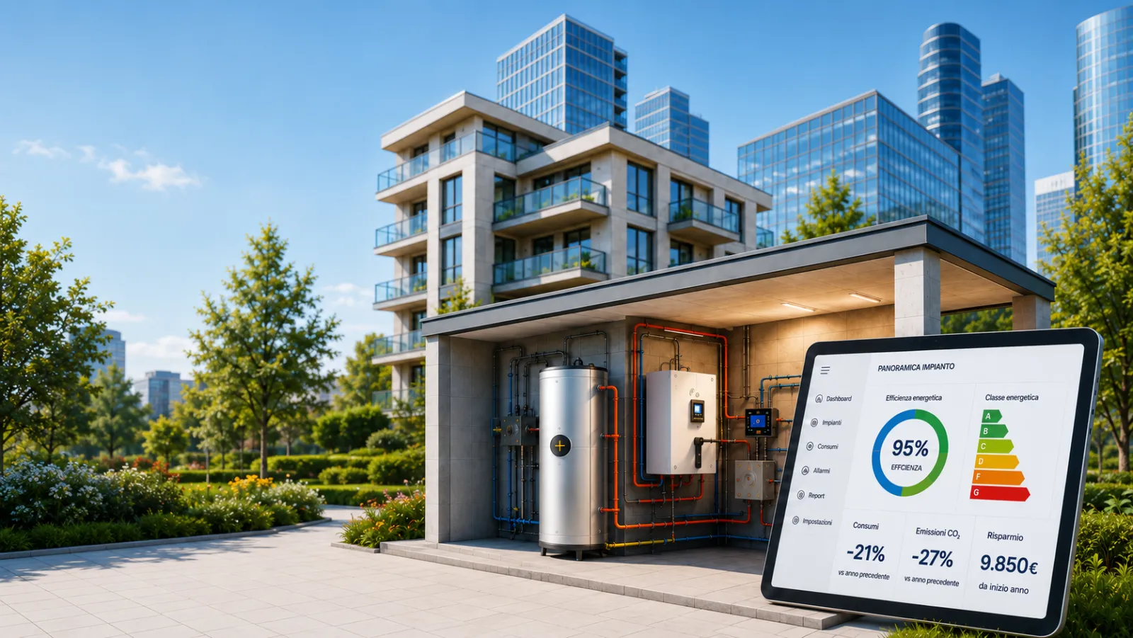 Edificio moderno con centrale termica a vista e tablet con panoramica dell'impianto