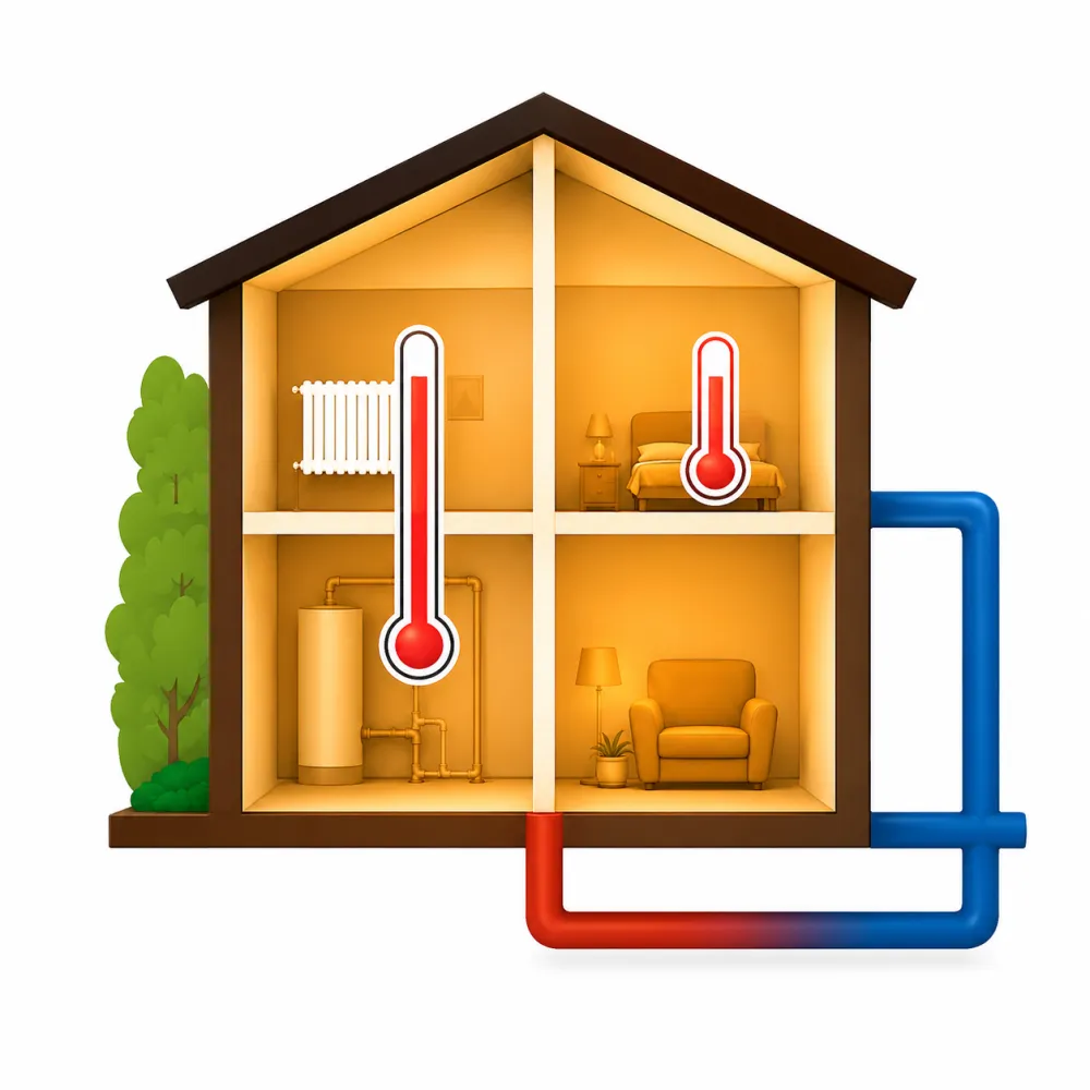 Sezione di una casa con sonde di temperatura sull'impianto di riscaldamento