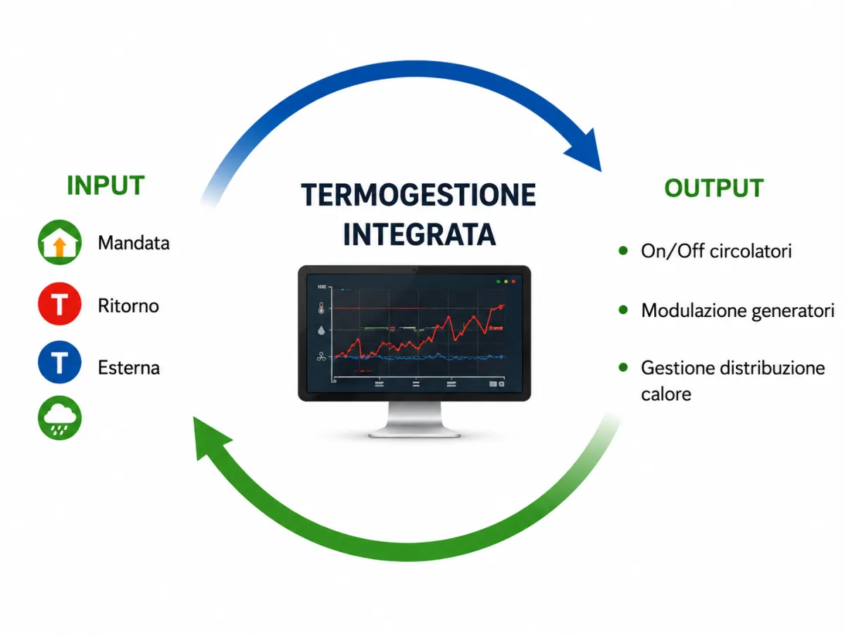 Schema della Termogestione Integrata: input di mandata, ritorno ed esterna, output su circolatori, generatori e distribuzione del calore